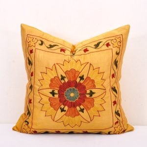 Sunflower Motif Stitched Yellow Suzani Pillow