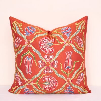 Red Suzani Tulip Embroidered Pillow