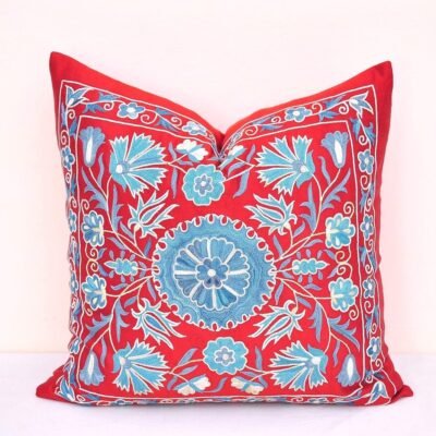 Red Suzani Embroidered Pillow Cover