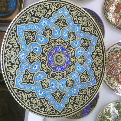Round Blue Decorative Brass Tray
