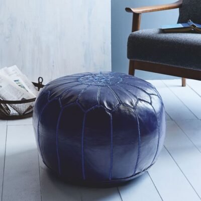 Navy Blue Natural Leather Moroccan Pouffe Ottoman