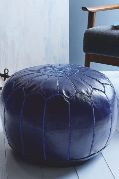 Navy Blue Natural Leather Moroccan Pouffe Ottoman