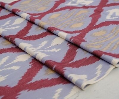 Ikat Cotton Upholstery Dark Red and Sky Blue