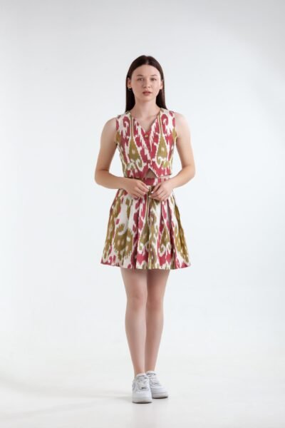 Silk Mini Ikat Dress Olive Red