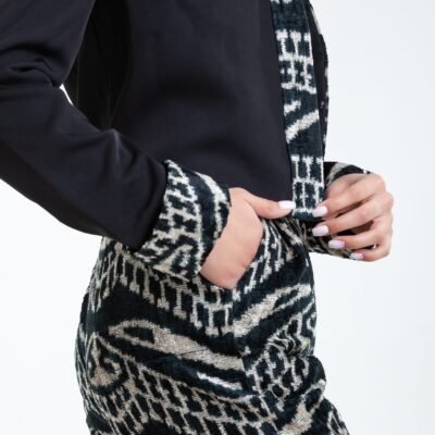 Black White Velvet Ikat Jacket Set with Trousers